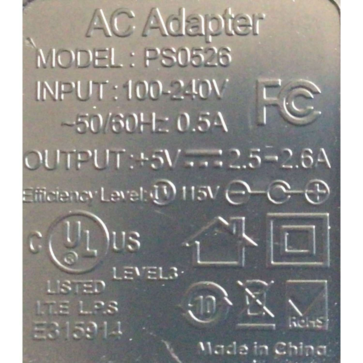 CARGADOR / ADAPTADOR DE FUENTE DE ALIMENTACION AC ADAPTER / VCA-VCD / NUMERO DE PARTE PS0526 / ENTRADA VCA 100-240V~ 50/60HZ 0.5A / SALIDA VCD 5V 2.5-2.6A / MODELO PS0526 - Imagen 2